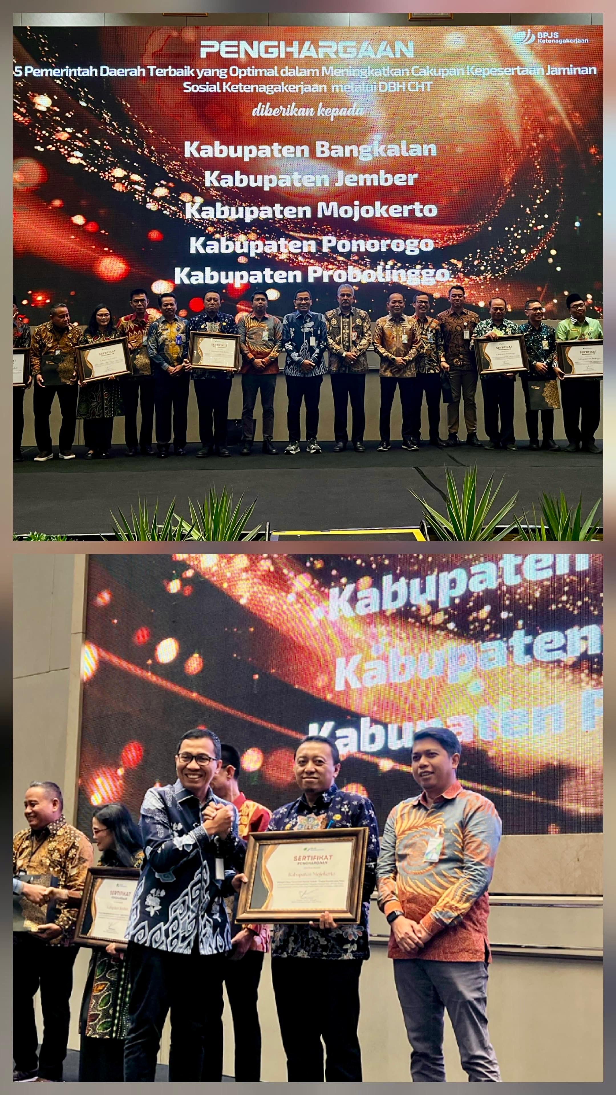 Kabupaten Mojokerto Meraih Penghargaan 5 Pemerintah Daerah Terbaik dalam Meningkatkan Cakupan Kepesertaan Jaminan Sosial Ketenagakerjaan melalui DBHCHT
